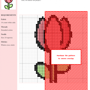 Image of a charming cross-stitch pattern featuring a single pink tulip with green leaves and stem.