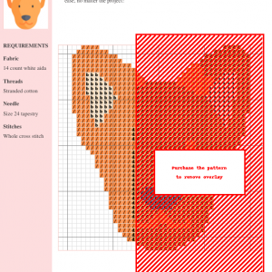Image of a cross stitch pattern depicting a cute, stylized Pharaoh Hound dog's head in shades of orange and dark blue.