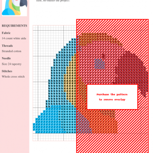 Cross stitch pattern featuring a charming macaw parrot in bright blues, greens, yellows, and white.