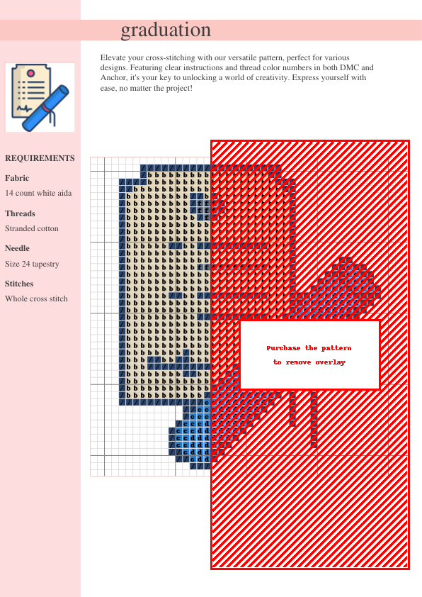 Image of a cross stitch pattern design depicting a graduation certificate and diploma.