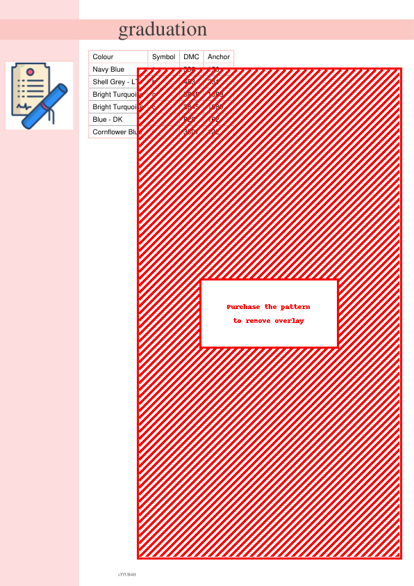 Image of a cross stitch pattern design depicting a diploma and rolled-up scroll, symbolizing graduation.