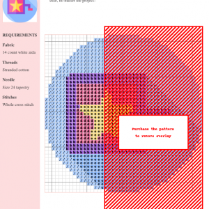 Cross stitch pattern depicting a whimsical surprise box with a gold star, featuring pink, purple, and yellow colors on a light blue background.