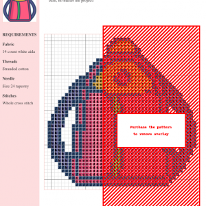 Cross stitch pattern design of a small, pink backpack with yellow and green accents. Perfect for beginners and experienced stitchers.