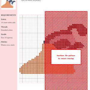 Cross stitch pattern featuring a stylized quail head and neck in muted orange, white, and gray tones.