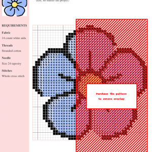A charming cross stitch pattern depicting a five-petaled blue flower with a yellow center. Perfect for beginner stitchers.