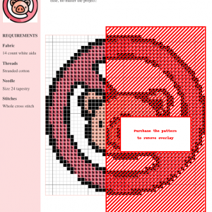 Image of a cross-stitch pattern featuring a cute pig inside a circular 'no pork' symbol. Pink and white color scheme.