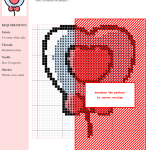 Image of a charming cross stitch pattern depicting a light blue heart-shaped balloon with a smaller pink heart inside, tied with a pink bow.