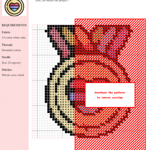 Cross stitch pattern of a medal with a rainbow ribbon and a heart featuring the bisexual pride flag colors.
