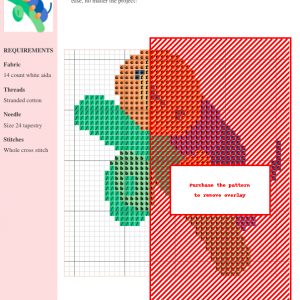 Cross stitch pattern featuring a cute cartoon caterpillar crawling on a green leaf. The design uses orange, blue, and green threads.