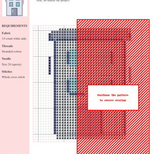 Cross stitch pattern of a simple, two-story hotel building with teal windows and a grey door.
