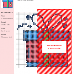 Cross stitch pattern design featuring a charming gift box with a ribbon, star, and decorative elements.