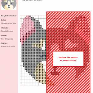 Image of a cross stitch pattern featuring a charming cartoon munchkin puppy with gray, cream, and pink accents.