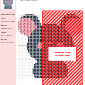 Image of a charming grey mouse cross stitch pattern design. The mouse features pink ears and cheeks, and a simple, happy expression.