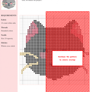 Image of a cross stitch pattern featuring a charming British Shorthair cat with grey fur, pink ears and cheeks, and delicate whiskers.