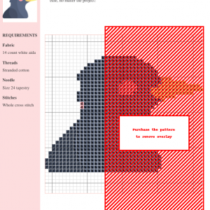 Cross stitch pattern featuring a charming, stylized starling bird in shades of blue, with a yellow beak and pink cheeks.