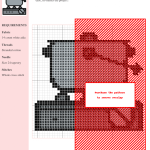 Cross stitch pattern depicting a pot simmering on a stovetop, featuring a minimalist grey and black color scheme.
