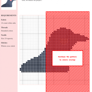 Cross stitch pattern featuring a cute, stylized crow with soft grey and pink tones.