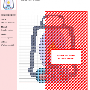 Cross stitch pattern featuring a charming, kawaii-style lantern with a lit flame. The lantern is light blue with rosy cheeks.