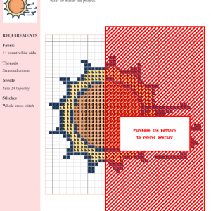 Cross stitch pattern depicting a sun with stylized wind blowing past it. Warm orange and yellow tones.