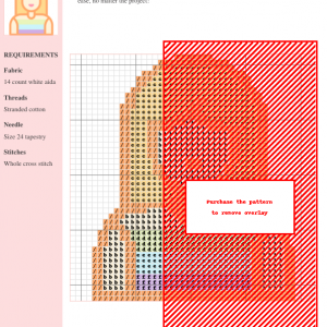 Cross stitch pattern depicting a stylized woman with long blonde hair and a pastel rainbow striped shirt.