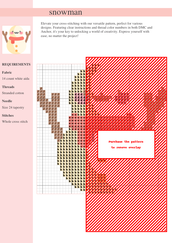 Cross stitch pattern of a cute snowman with rosy cheeks, a red scarf, and twig arms. Perfect for winter crafting projects.