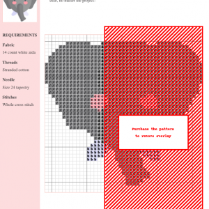 Cross stitch pattern featuring a charming, simplified design of an elephant's head and trunk. The elephant is grey with pink cheeks and light purple accents.