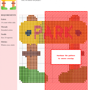 Image of a cross stitch pattern depicting a park sign. The sign is yellow with red lettering, and the posts are orange with brown rings. Green bushes flank the sign.