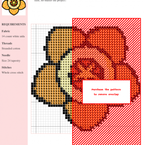 Image of a star-shaped cross stitch pattern featuring a stylized orange flower with yellow and red accents.