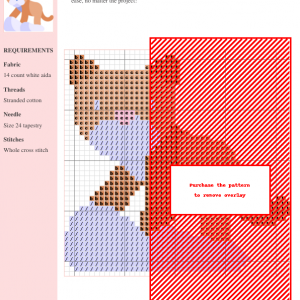 Cross stitch pattern featuring a charming, cartoonish puma kitten in orange and white, standing on a light purple cloud.