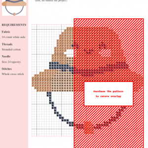 Image of a cross stitch pattern depicting a cute, kawaii-style sun hat in beige and blue.