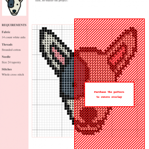 Cross stitch pattern design featuring a charming bull terrier dog head, in shades of white, gray, and pink.