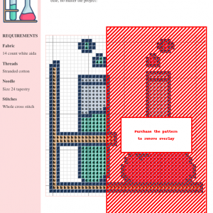 Cross stitch pattern depicting a test tube and Erlenmeyer flask, filled with colored liquids, on a wooden rack. A science or chemistry themed design.