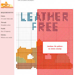 Cross stitch pattern featuring a cartoonish pair of orange leather-free shoes with a 'Leather Free' text banner above.