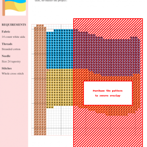 Cross stitch pattern of the Ukrainian flag, showing blue and yellow horizontal stripes on a flagpole.