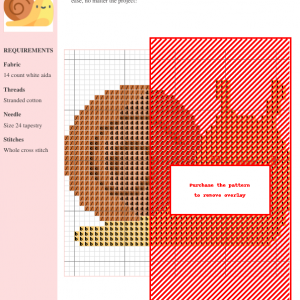 Cross stitch pattern featuring a charming cartoon snail in shades of yellow and brown.