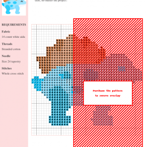 Image of a charming cross-stitch pattern featuring a light blue stegosaurus with orange plates and blue spots.