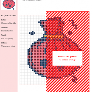 Cross stitch pattern of a charming red gift bag with green and yellow accents, perfect for holiday crafting or gifting.