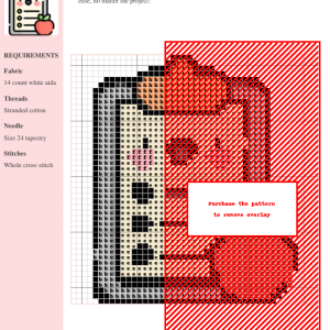 Cross stitch pattern depicting a cute cartoon clipboard with a checklist and a red apple, perfect for teachers or back-to-school projects.