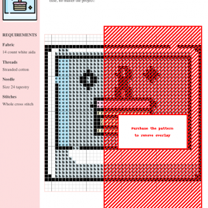 Cross stitch pattern design featuring a cute birthday cake with a single candle, surrounded by sparkles, presented within a polaroid-style frame.
