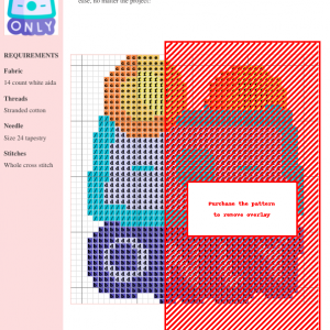 Cross stitch pattern of a cute cartoon frog holding cash, featuring teal, orange, yellow, and purple colors.