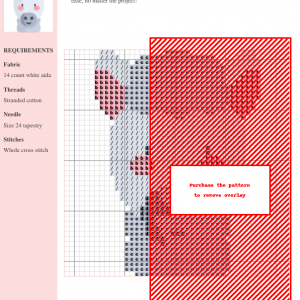 Cross stitch pattern featuring a charming alpaca with gray and white fur, pink cheeks, and a sweet smile.