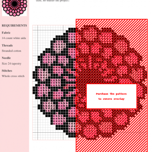 Image of a chrysanthemum cross stitch pattern featuring shades of pink and black, ideal for needlepoint and embroidery projects.