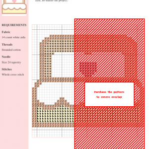 Image of a charming cross stitch pattern depicting a bed with a pink heart on the pillow, in soft pastel colors.