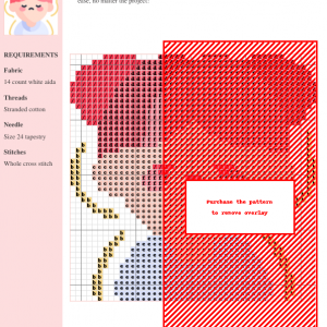 Cross stitch pattern featuring a cute cartoon girl with pink hair, exhibiting a worried expression. The design is in pastel colors and features simple stitches.