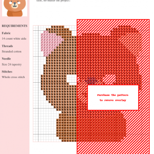 Cross stitch pattern featuring a charming brown bear with pink ears. Simple design, perfect for beginners.