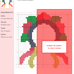 Cross stitch pattern depicting a floral wreath headpiece in red, green, and yellow, suitable for embroidery and crafting projects.
