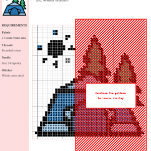 Cross stitch pattern depicting a blue tent, two pine trees, and a sun, ideal for camping enthusiasts.