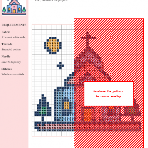 Cross stitch pattern of a charming pastel-colored church, sun, stars, and evergreen trees.