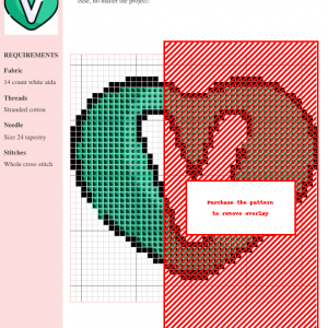 Cross stitch pattern featuring a stylized 'V' inside a green heart. Perfect for vegan and vegetarian crafters.