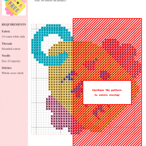 Image of a free cross stitch pattern featuring a cute, smiling yellow chick on a tag. The design is simple and perfect for beginners.